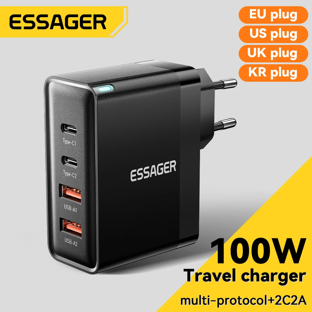 ESSAGER GaN Charger 100W USB Type C PD Fast Charger with Quick Charge 4.0 3.0 USB Phone Charger For MacBook Laptop iPhone 15 14