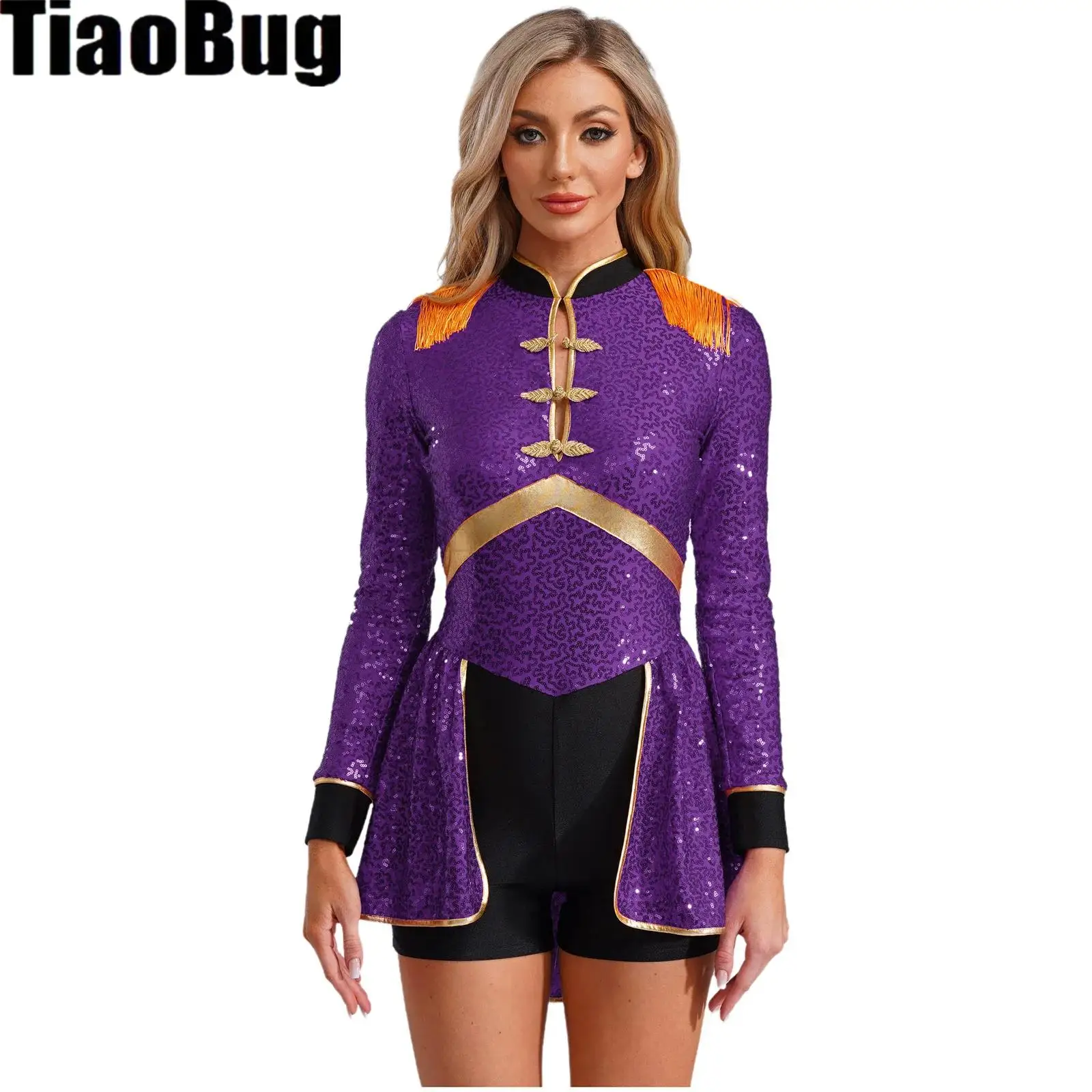 

Women Ringmaster Circus Cosplay Costume Sequins Magician Bodysuit Drummer Long Sleeve Fringe Epaulet Halloween Carnival Bodysuit