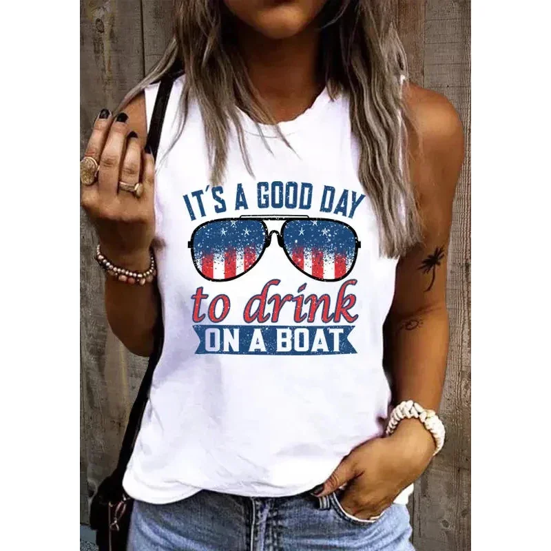 2025 Fashion Summer New Women's Sleeveless Independence-Days Basic Flags Print Tank Top Shirt Daily Wear Spring Hot Sale T-Shirt