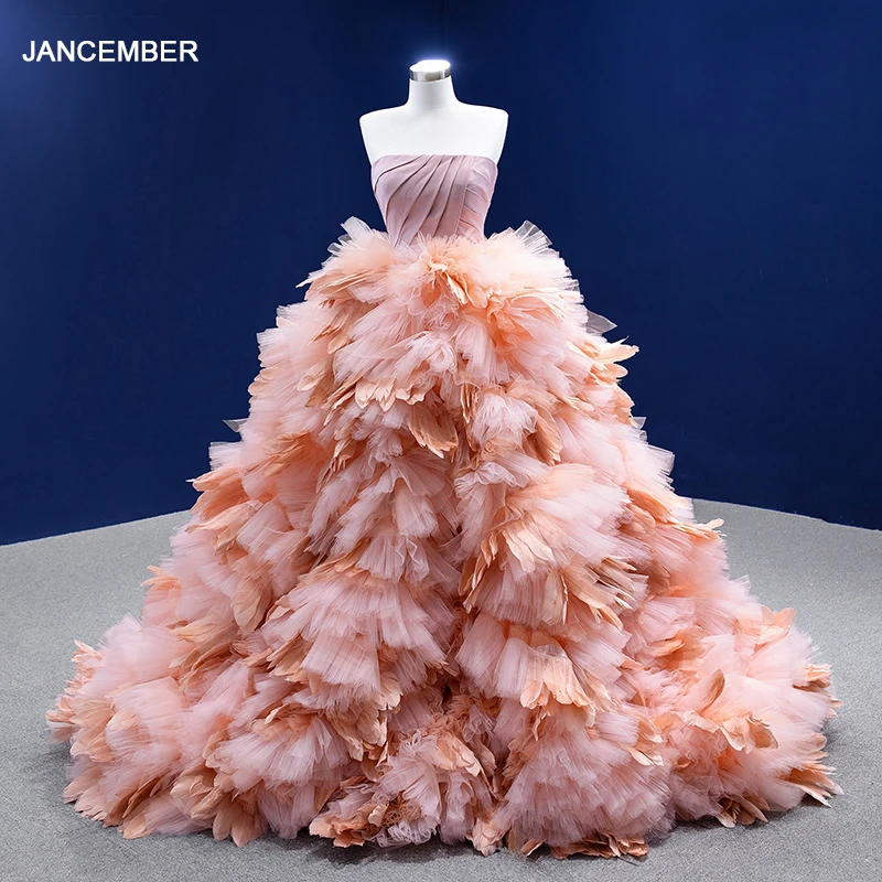 

Jancember Tiered Elegant Woman Party Dress Strapless Elegant Woman Dress Lace Up Feathers Elegant Gowns vestidos debodainvitada