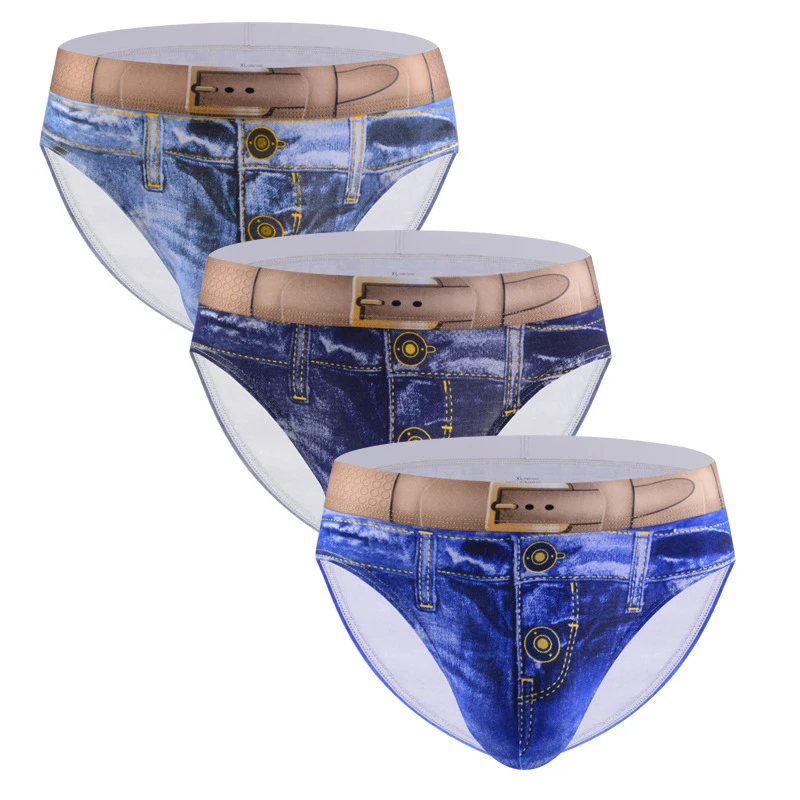 3PCS/lot Fashion Men Underwear Digital Print Sexy Panties Jeans Style Boxer Shorts Cowboy U Pouch Cotton Breathable Underpants