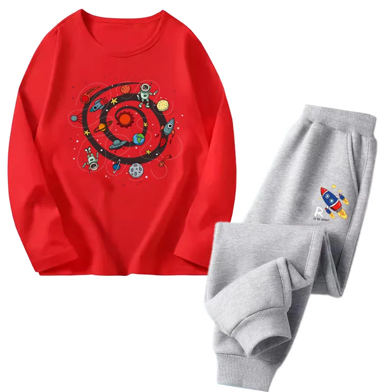 2024 New Children\'s Clothing Sets Boys Cartoon Planet Space Sports Suits Kids Long Sleeve Tshirt and Pants Outfits