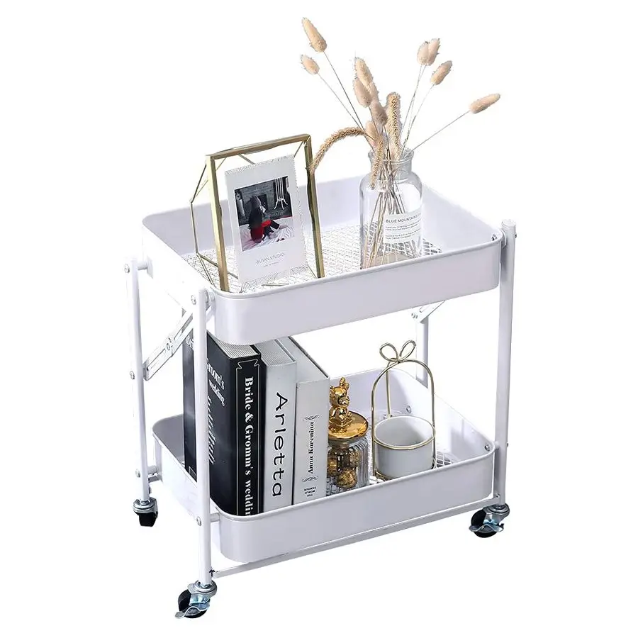 

2Tier Metal Folding Rolling Cart, Mobile Utility Cart Trolley Storage Organizer for Office Home Kitchen Organization, Sofa Side