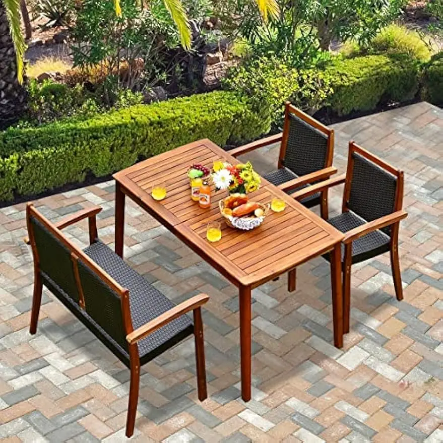 Tangkula 4 Pieces Patio Dining Set for 4, Patiojoy Space-Saving Outdoor Acacia Wood Dining Table and PE Rattan Chairs Set with 1