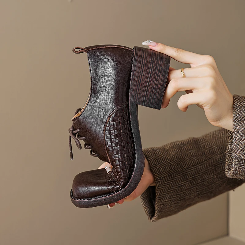 

Lambskin Woven Slip On Casual Women‘s Loafers Square Toe Chunky Heel Shoes Vintage Comfortable Versatile Pumps