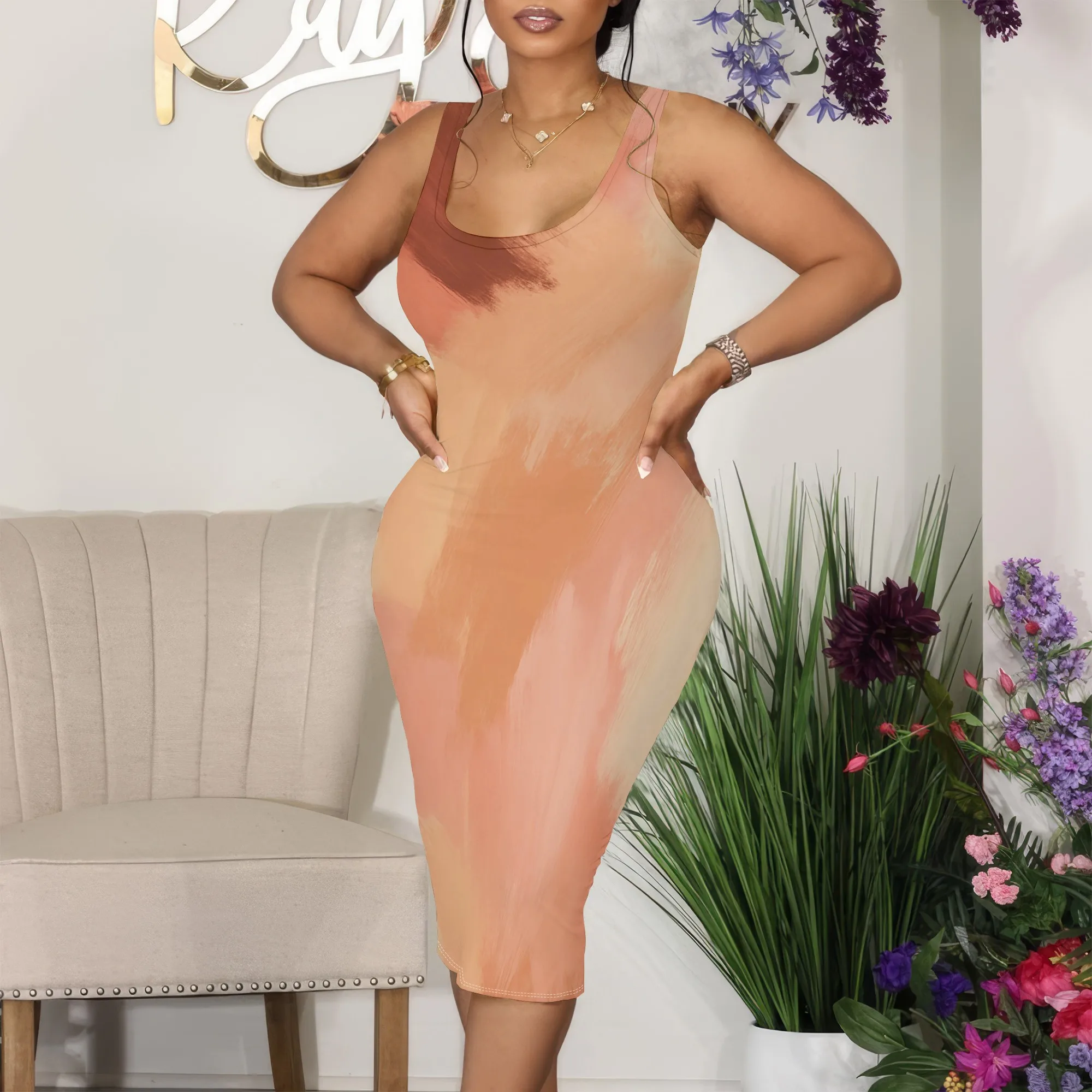

Soft Brush Gradient Midi Dress S-3XL Sleeveless Bodycon Fit for Summer Gallery Visit, Art Brunch or Romantic Coffee Date