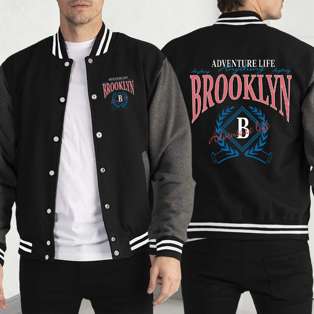 Adventure Life Anything Brooklyn Print Men Baseball Jersey Hip Hop Fashion Jacket Creativity Y2K Coat Fleece Autumn Jackets