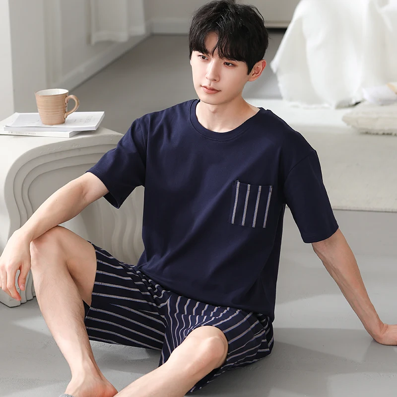 2024 New Junior Men\'s Pajamas Summer Thin modal Cotton Round Neck Double Short Suit Casual Plaid Outwardly Wearable Home Wear