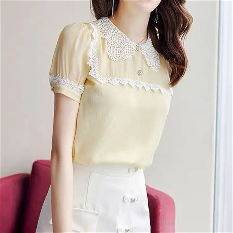 Woman Spring Summer Style Blouses Shirts Lady Casual Short Puff Sleeve Turn-down Collar Blusas Tops G2636