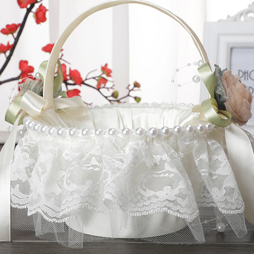 Vintage Lace Flower Girl Basket with Pearls & Satin Ribbon, Ivory Wedding Petal Basket, for Wedding Ceremony & Photo Props image 2