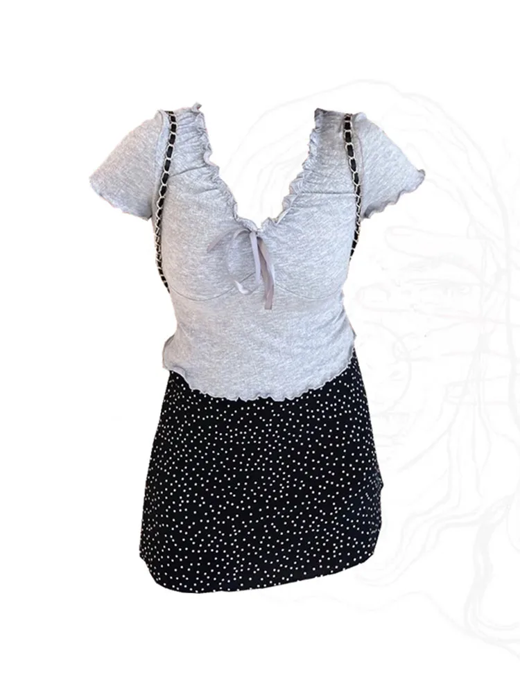 

High Quality Outfits 2 Piece Skirt Set V-Neck Bow T-Shirts Korean Simple + A-Line Skirt Dot Gyaru Preppy Style Japanese Fashion
