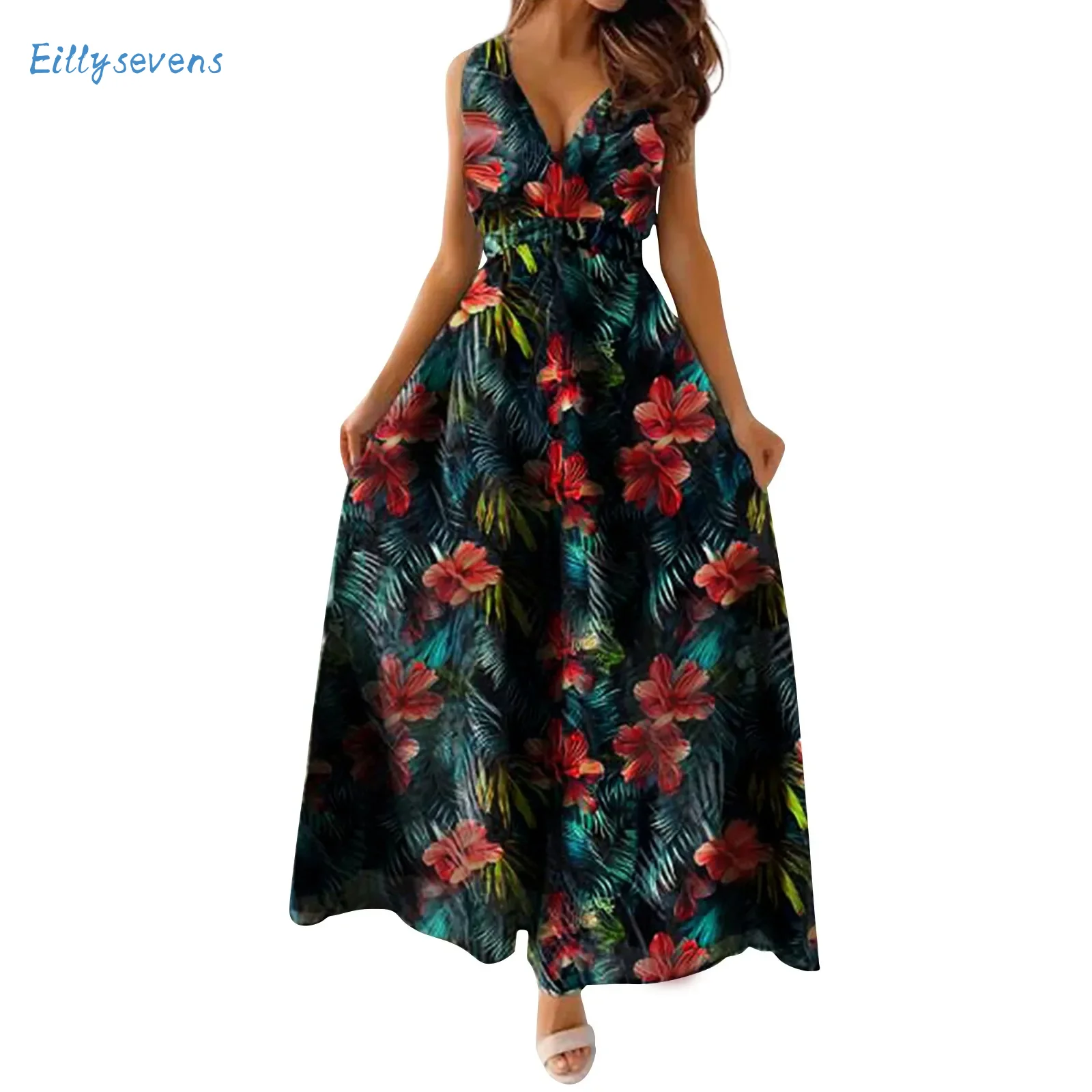 

Hawaiian Holiday Style Dresses For Women Summer Casual Print Bandage Elastic Waist V-Neck Sleeveless Dress Flowy Big Hem Dress