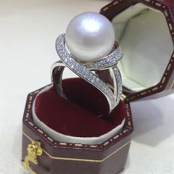 huge Round AAAA++++ ROUND 10-11mm 11-12mm akoya white Pearl S925 Luxury Flower Ring Adjustable