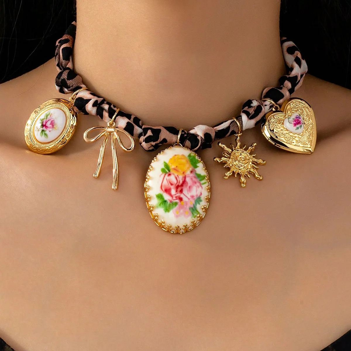 New Arrival Autumn & Winter Women's Necklace - Leopard Ribbon with Multi-Pendants (Heart, Horseshoe, Bow, Sun Face) M624