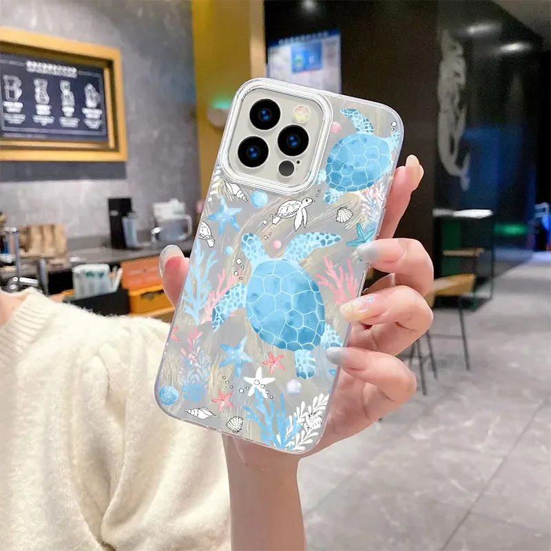 ins Ocean Turtle Pattern Phone Case For iPhone16 Pro Max15 14 13 12 11XR XS Max7 8 Plus Y2K Cartoon Comic fall protective shell