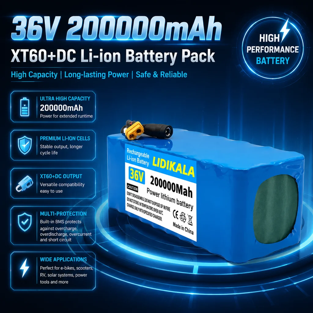 Hochleistungs-10S4P 36V 200000mAh 200Ah 18650 Lithium-Batteriepack mit eingebautem Sicherheits-BMS, wiederaufladbare Ersatzbatterie für Elektro-Kick-Scooter und modifizierte E-Bikes.