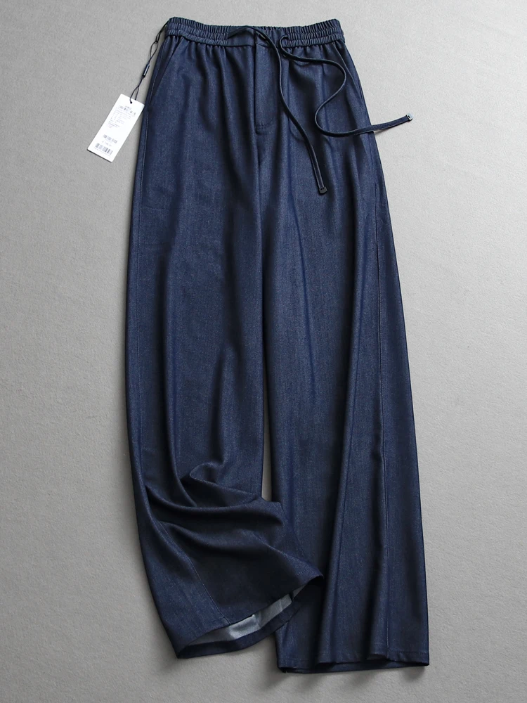 Loose Straight Leg Floor-Length Elastic Waist Drawstring Women's Casual Pants Thin Denim Look Slimming Wide Leg Trousers