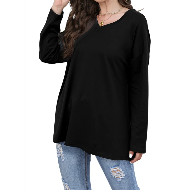 

Womens Tops Long Sleeve V Neck Casual Tunic Tops Basic Shirts Loose Fit Blouse-A55G
