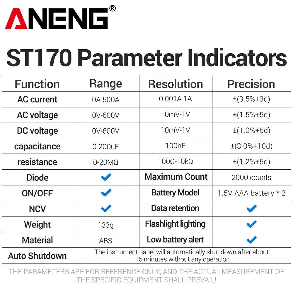 Clamp Meter Digital Multimeter NCV 1999 Counts AC/DC Voltage Ammeter Tester ANENG ST170 Capacitance Ohm Electrician Tester Tools