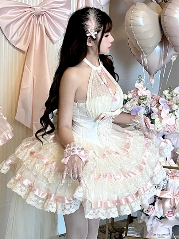 

Ballet Style Fairy Lolita Tutu Dress Elegant High Waist Slim Ribbon Halter Multi-layer Evening Dresses Birthday Dress for Women