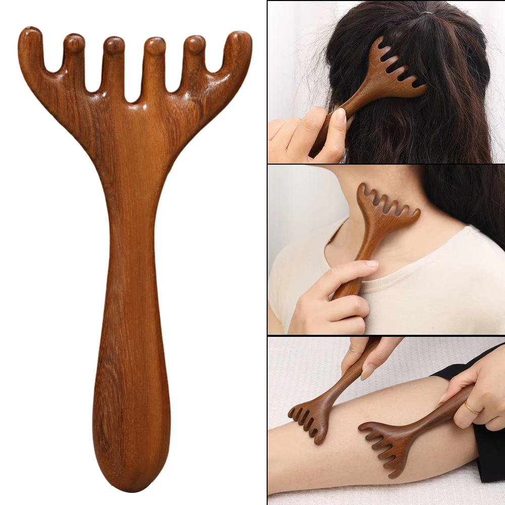 Wood Massage Comb Head Massager Sandalwood Six Tooth Comb Whale Comb Scalp Scraping Massager Face Neck Legs Body Massage Tool