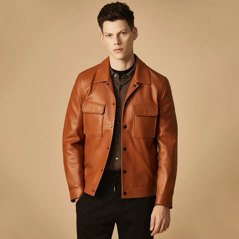 Brown Classic Sheepskin Men\'s Jacket 2024 Spring and Autumn New Product British Fashion Short Leather Custom Coat for men