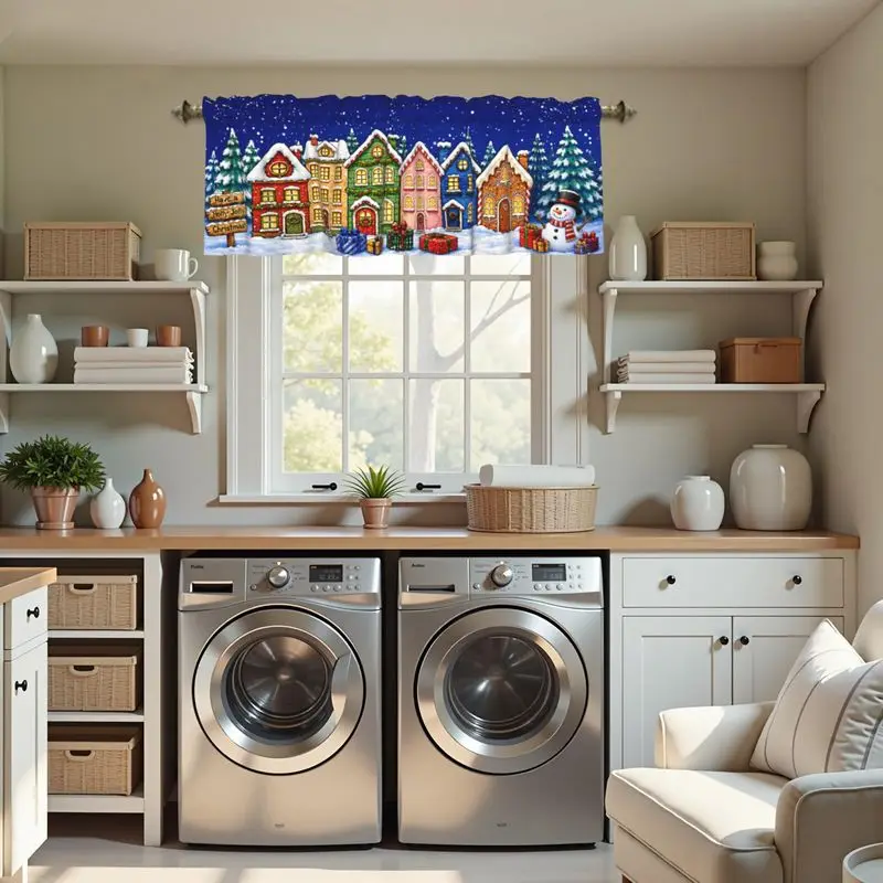 VIKAMA Christmas Window Valance Xmas Village House Snowman Gnome Reindeer Gift for Kitchen Xmas Holiday Window Curtain Decor