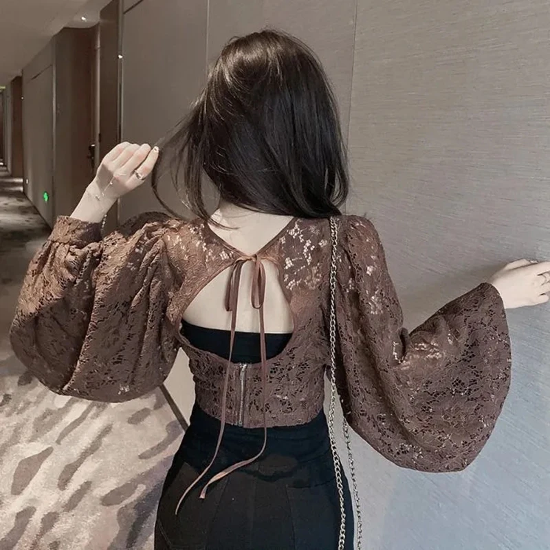 

Сексуальная рубашка с вырезом, женская мода, кружевная повязка с v-образным вырезом, укороченная блузка с открытой спиной, облегающая блузка с длинным рукавом «летучая мышь», однотонные шикарные новые топы