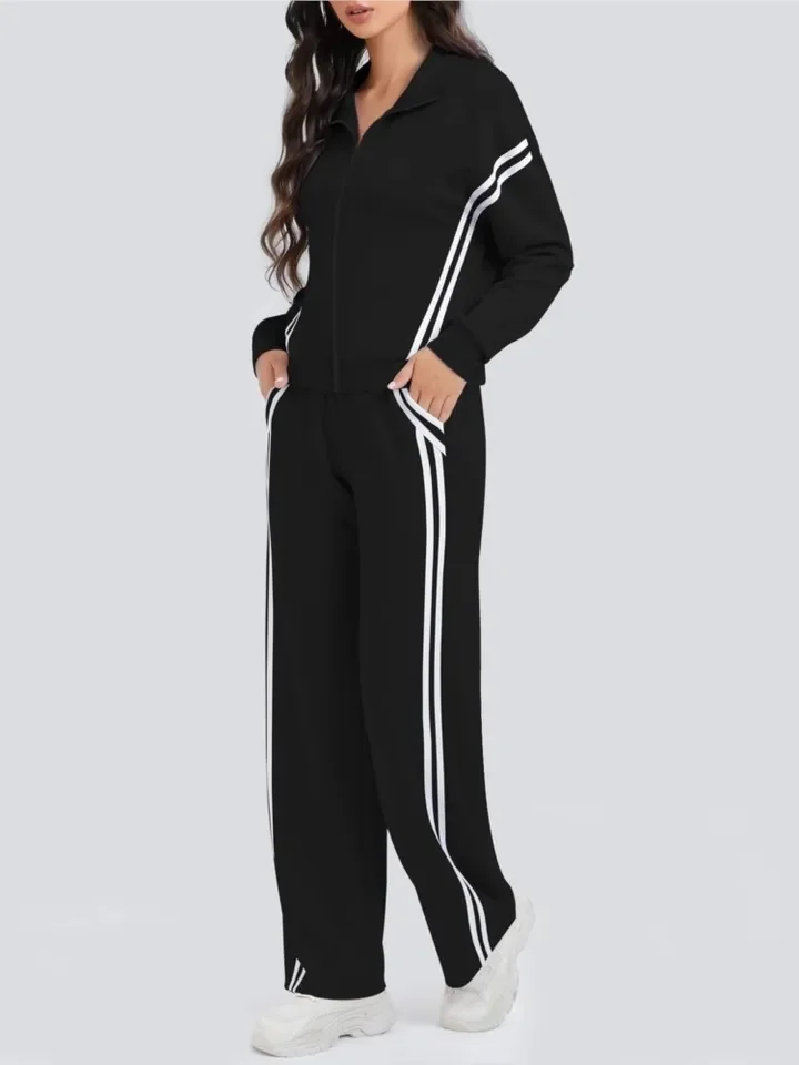 Autumn New Sling Sweatshirt Trousers 2piece Set Women's Fashion Zipper Top Casual Insert Bag Loose Wide-leg Trousers Female Suit