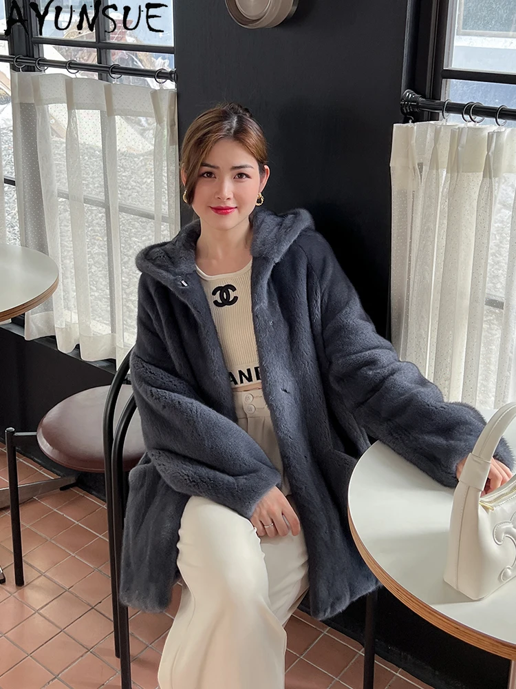 AYUNSUE سترة فرو المنك المخملية الطبيعية امرأة مقنعين الفاخرة كله المنك الشتاء سترة للمرأة الملابس عالية الجودة كوفتا С ميخيم