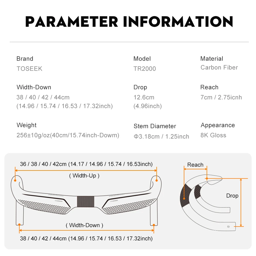TOSEEK 8K Glänzender Rennrad-Carbonlenker 380/400/420/440mm mit interner Kabelführung, Fahrradlenker, Fahrradzubehör – Detail 2