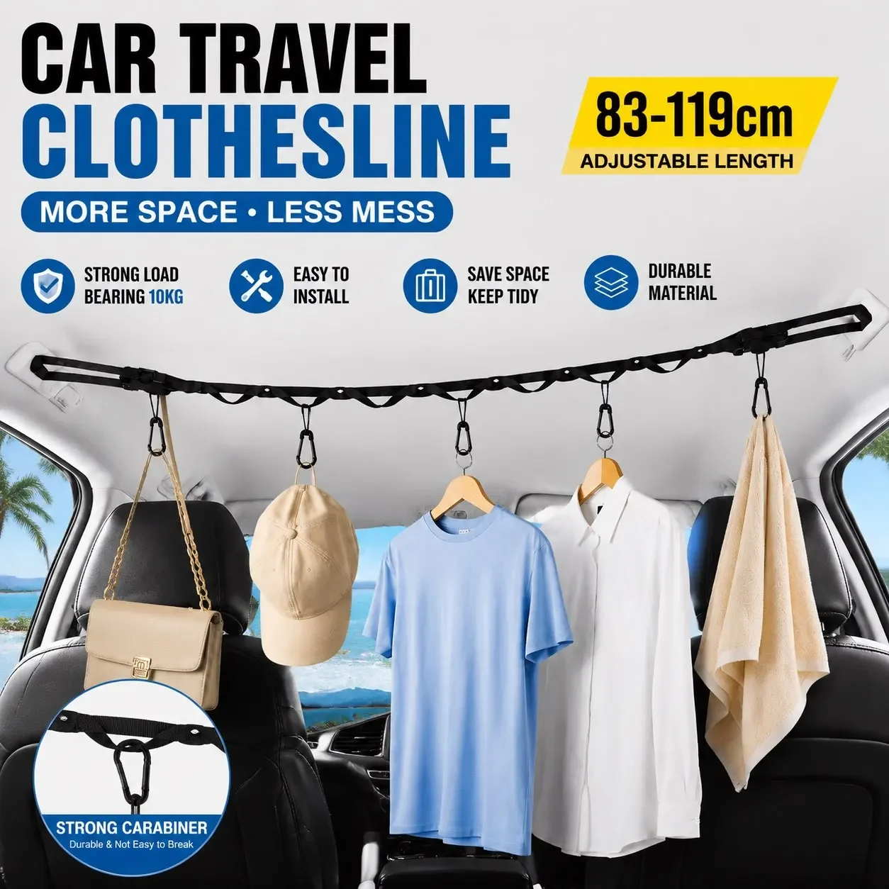 Universal 10KG Heavy Load Car Clothes Drying Rope 83-119cm Adjustable Portable Travel Camping Clothesline For All Vehicles