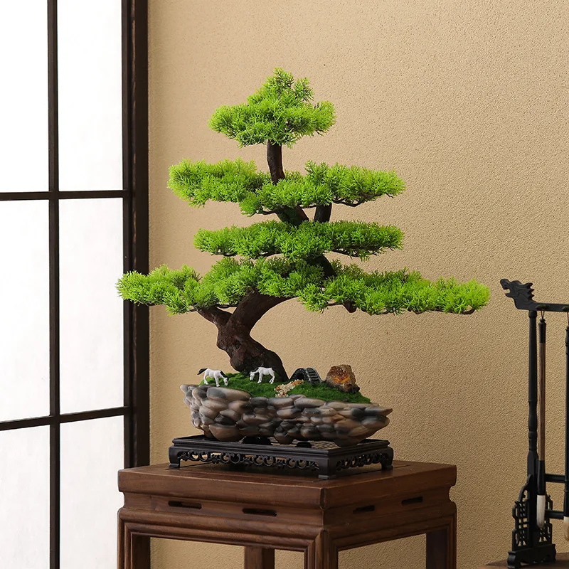 HYS Simulation Fake Green Plant Welcome Pine Bonsai Plant Home Living Room Entrance Office Desktop Decoration Ornament Landscape