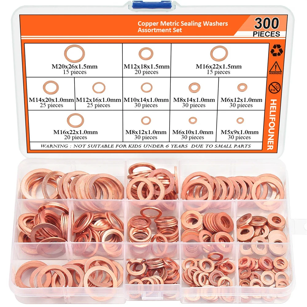 Copper Flat Washer Assortment Set,300pcs 12 Sizes Seal O-Rings Copper Sump Plug Oil Washers Sealing Solid Gasket Washer M5-M20
