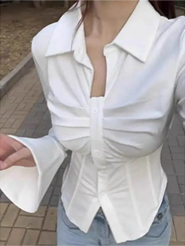 Women White Long Sleeve Blouses and Shirts Korean Style Y2k Gyaru V-Neck Shirt Vintage Elegant Oversize Blouse for Women Summer