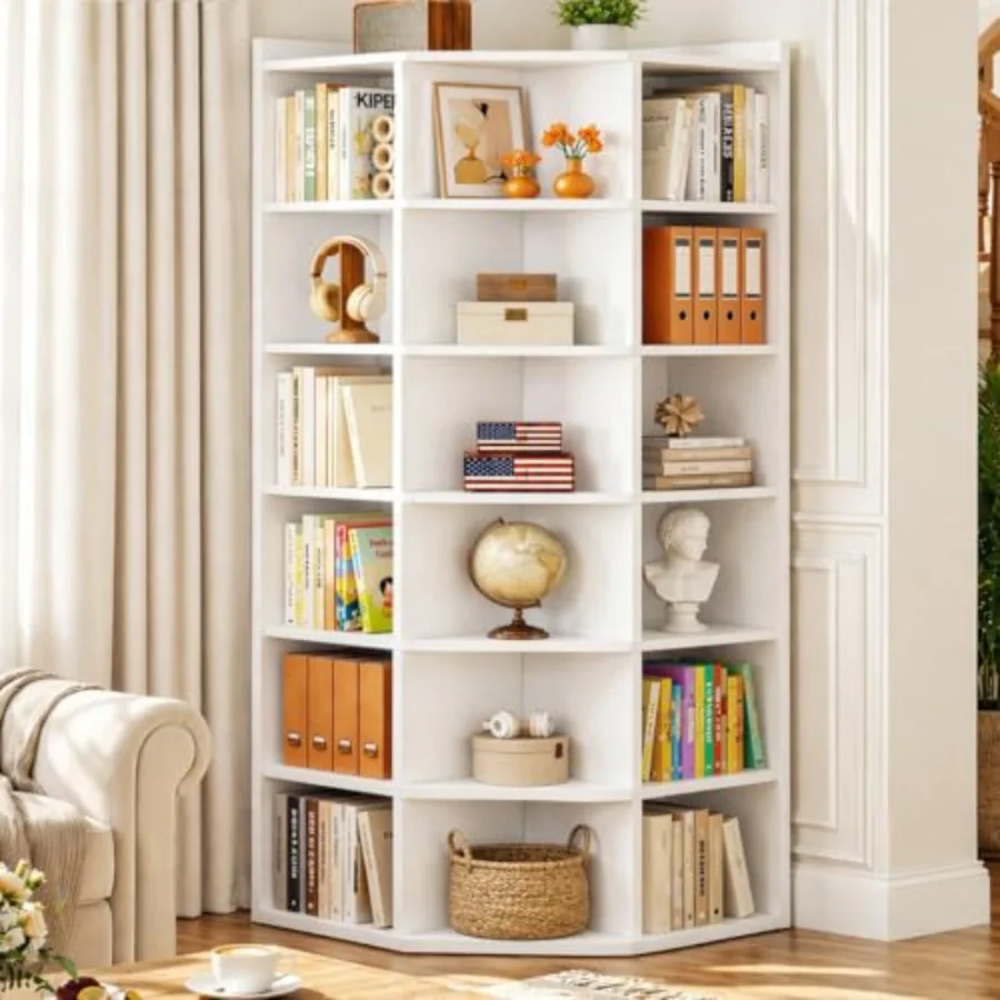 7-Tier Corner Cube Bookshelf with Charging Station for Living Room, MDF Wood in Walnut Brown, Space-Saving and Modern Design