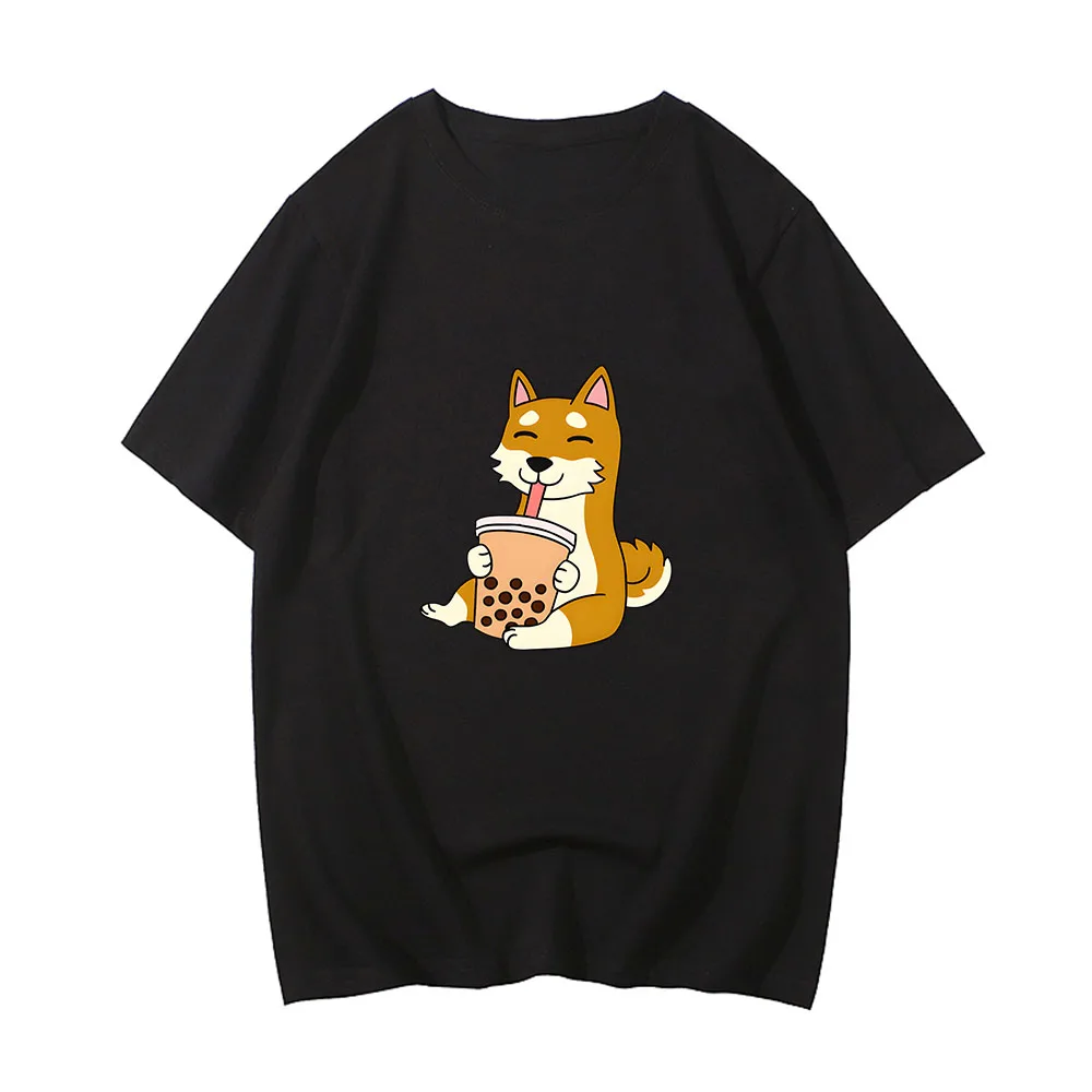 Dog Drinking Bubble Milk Tea Clothes Cute Fashion High Quality Round Neck Tshirts Men/women Comic Cotton Short Sleeve Tees Tops