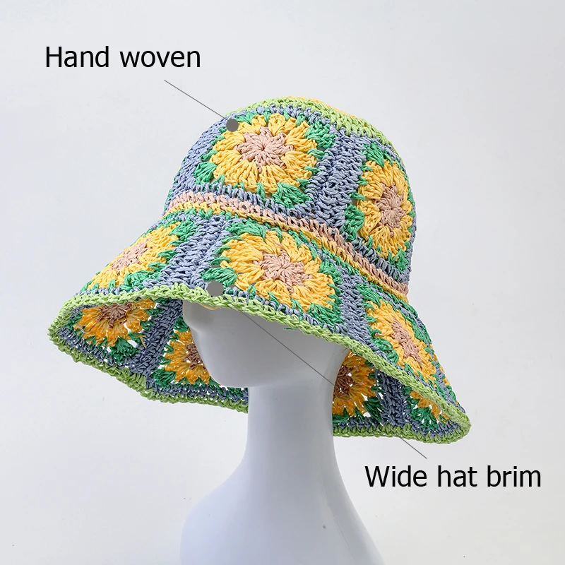 Japan Korea Crochet Sun Hat Women Summer Flowers Pure Hand Woven Straw Beach Hat Sunshade Fisherman Caps Breathable Bucket Hat