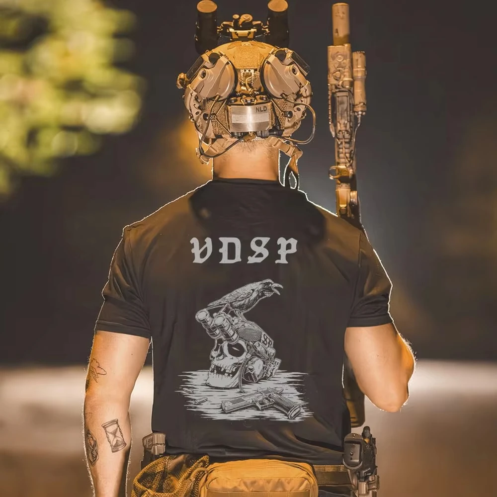 Family Matching T‑Shirt Black Tactical Dark‑Style Vintage Gothic Letter Raven Skull Helmet Large Back Print Streetwear SleeveTee