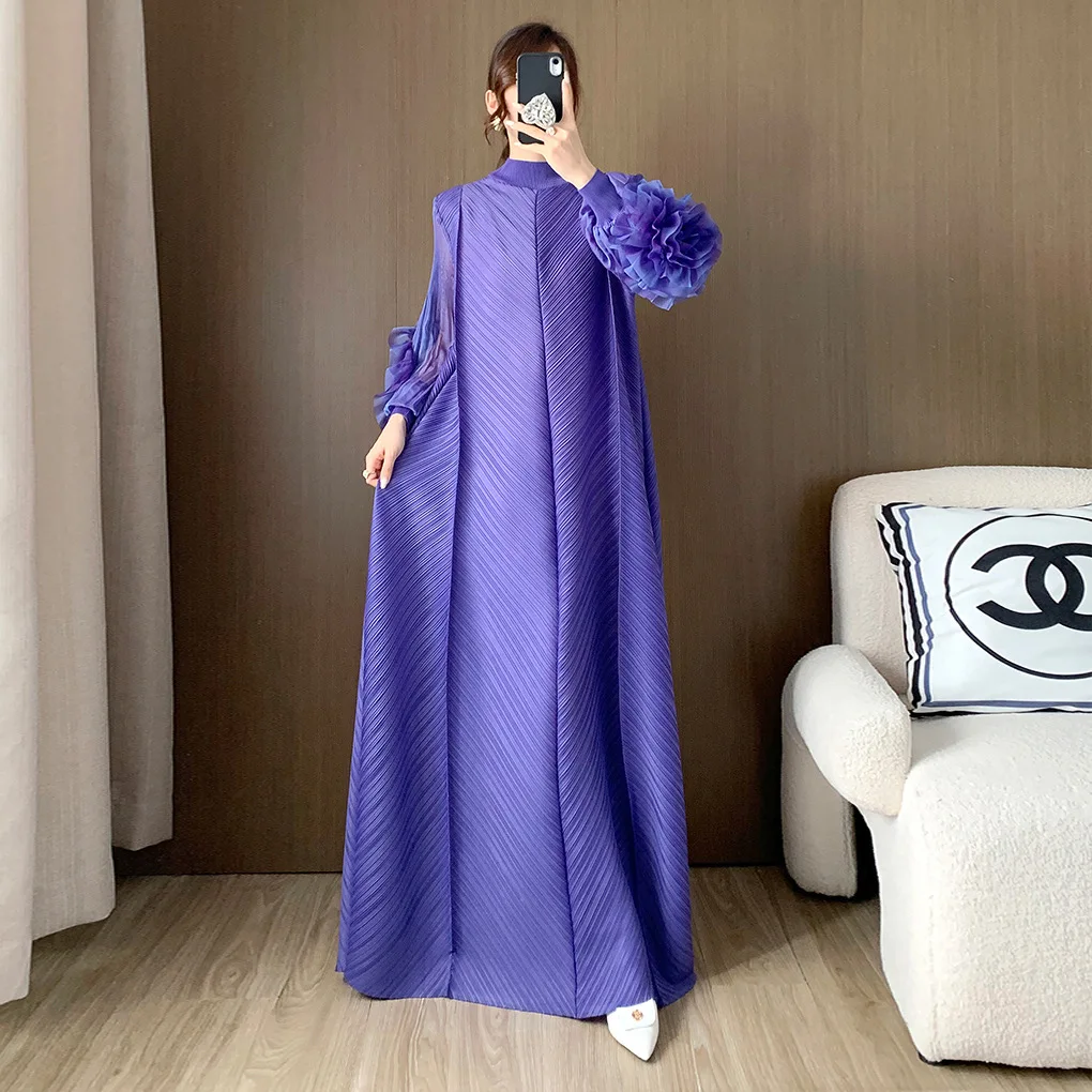 

Women's dresses Miyake Pleated Fashion plus-size long-length dress with high neck and puffy sleeves