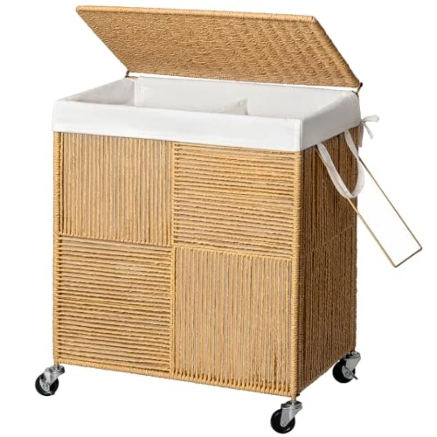 

Double Laundry Hamper with Lid Handwoven Rolling Laundry Basket with Wheels 115L Large Capacity Dirty Clothes Hamper Featuring