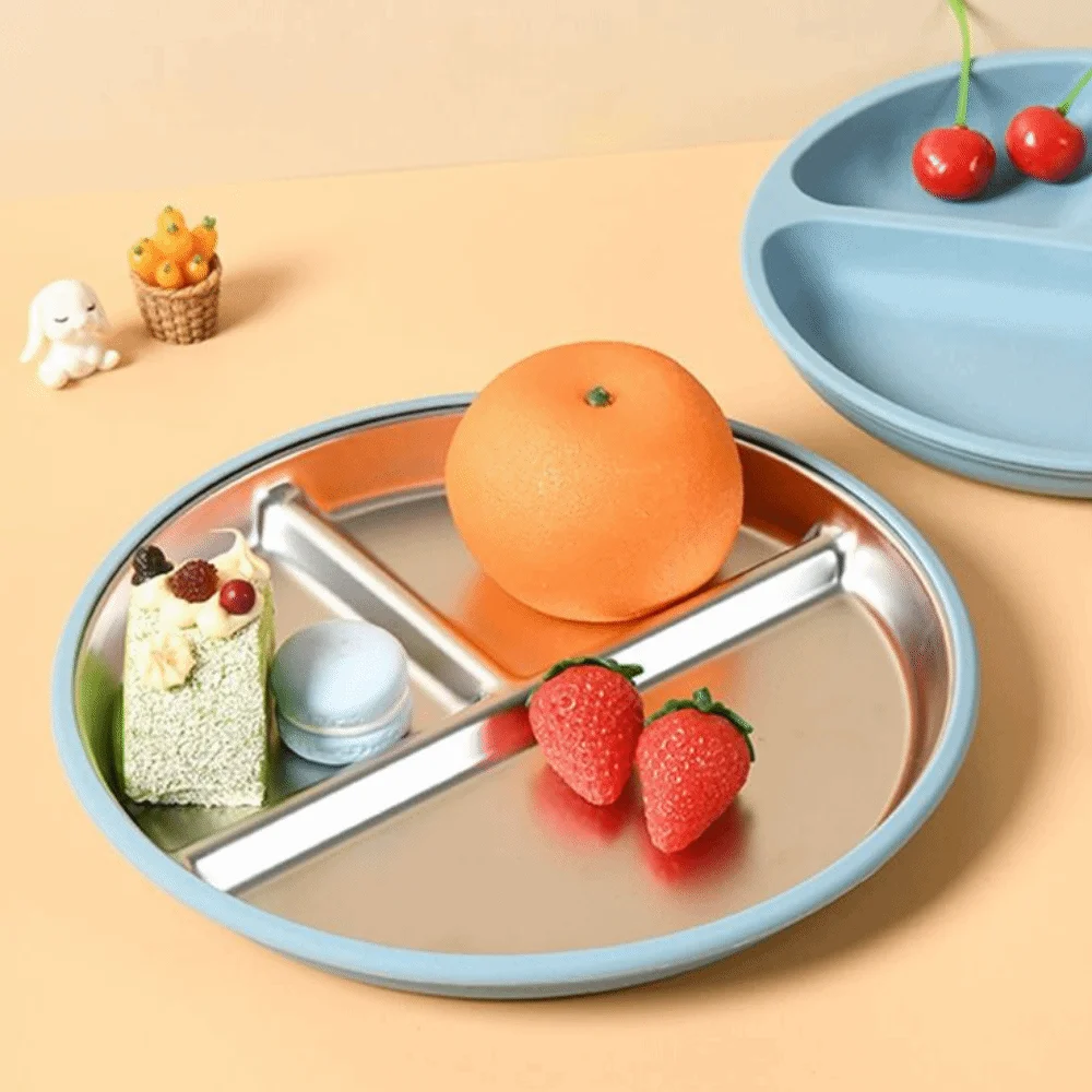 Divided Design Suction Cup Plates Silicone Shell 304 Stainless Steel Baby Sucker Dining Plate Safe Material Non-Slip