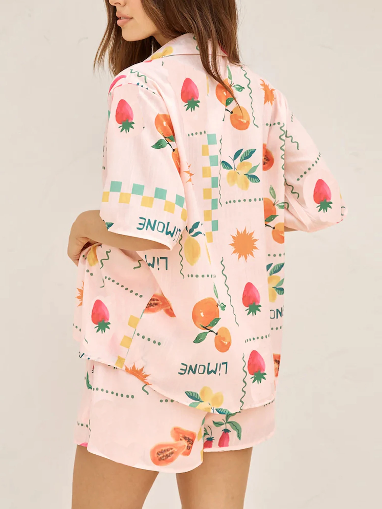 Women Loose Pajama Set Fruit Print Short Sleeve Shirt with Elastic Waist Shorts Summer 2 Pieces Outfits