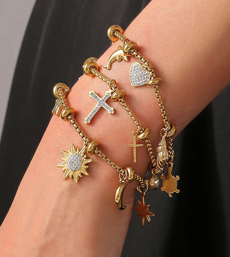 316l Edelstahl Kreuz Mond Sterne Anhänger Armreif Frauen Vintage Strass Herz Armband Luxus vergoldeten Schmuck Geschenk – Detail 5