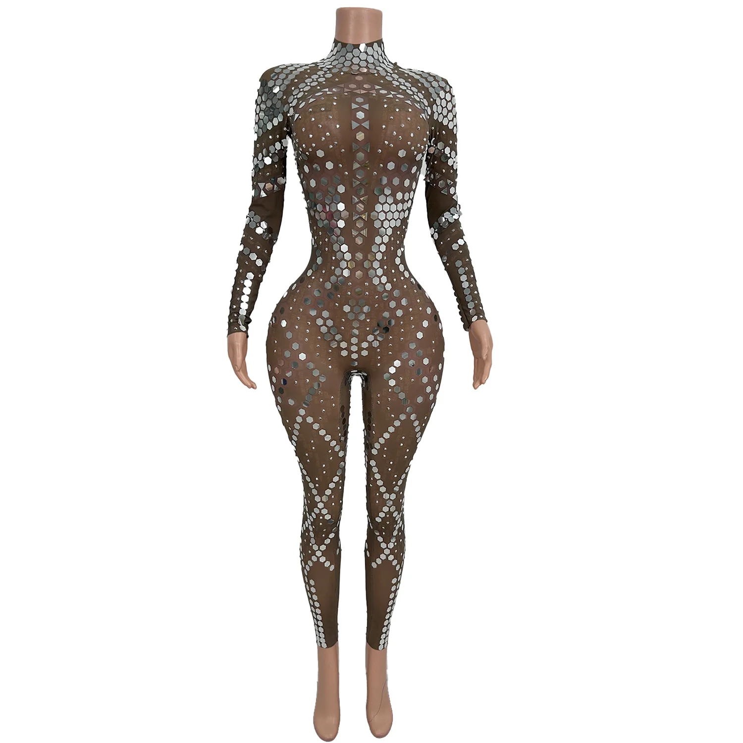 

Sexy Long Sleeves Glitter Rhinestone Jumpsuits Stripper Dancer Outfits Women Mesh Rompers See Through Night Club Party Bodysuits