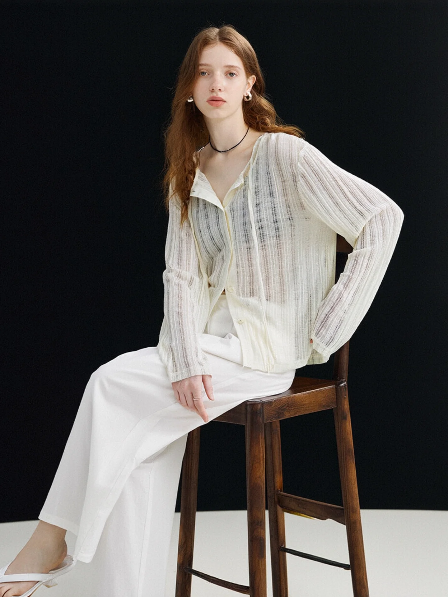 

HUAAPPUW Women's Loose Fit Button up Shirt Thin Hollow out Cover up Casual Style V Neck Breathable Airy Feel Autumn New Arrival