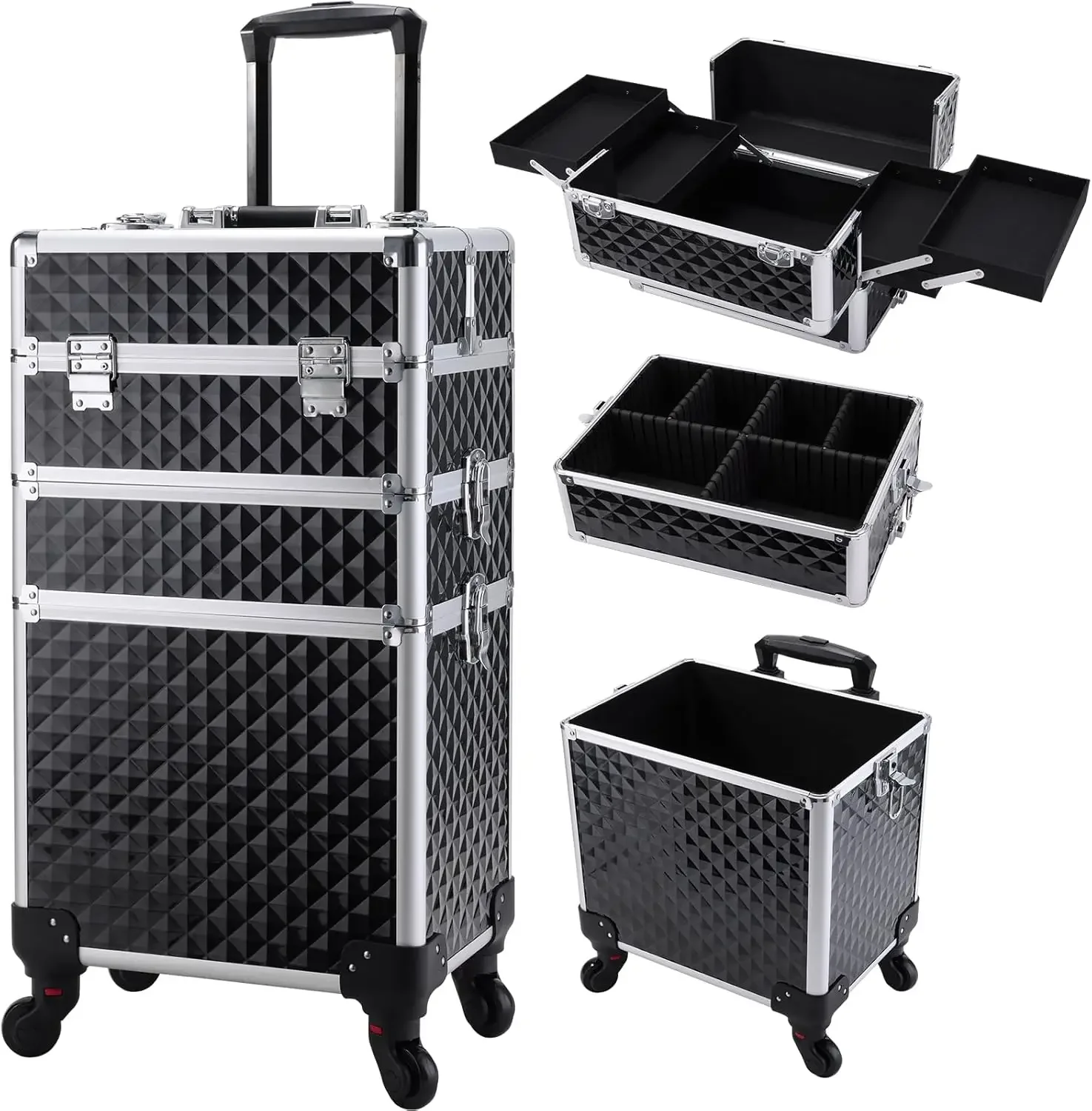 3 in 1 Rolling Makeup Train Case Professional Cosmetic Trolley Large Storage with Keys Swivel Wheels Salon Barber Case Traveling