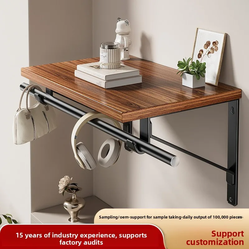 Wall Mounted Storage Shelf Wood Board Carbon Steel Frame Adjustable Cm Telescopic Rod Option Single Tier Drill-In Organizer