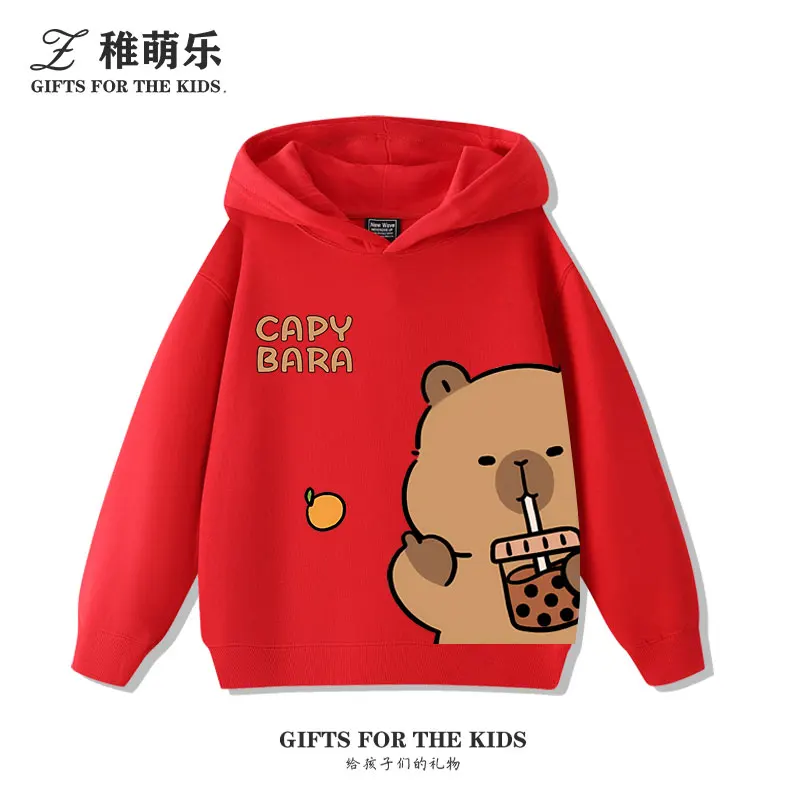 Suéter con capucha para niños de dibujos animados lindos de nueve rejillas Capybara Otoño e Invierno más terciopelo ropa que combina con todo para niños y niñas tendencia