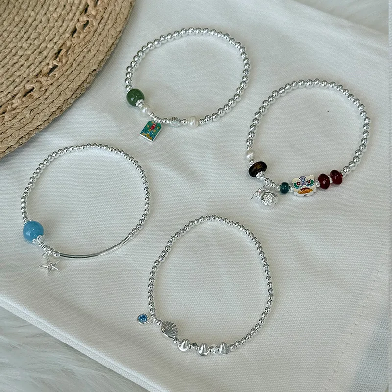 925 Silver Bracelet For Women Elastic Rope Silver Beads Bracelet Silver 925 Jewelry Fashion Chain Bracelets Female Asymmetric